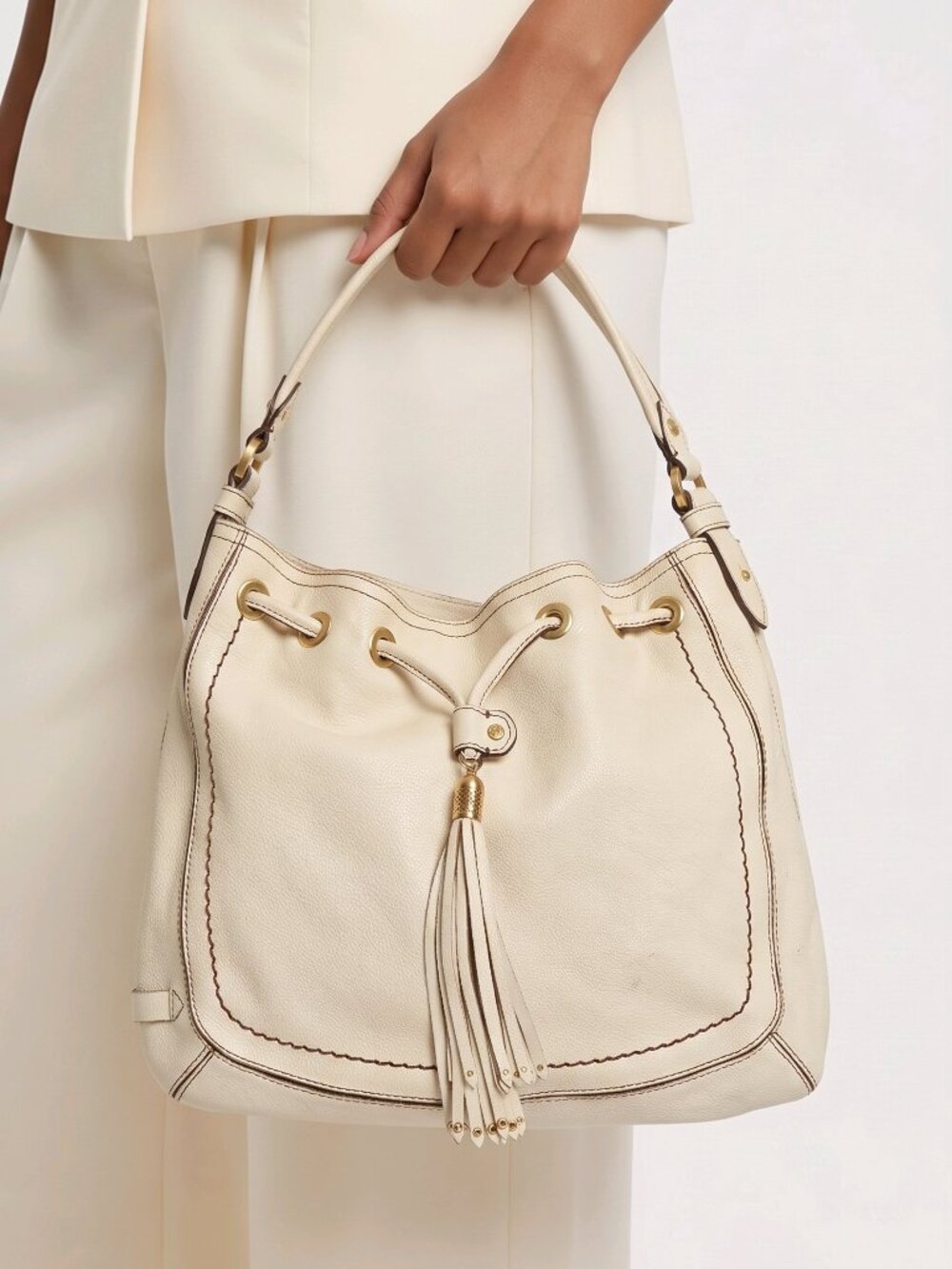 Cole Haan Leather Drawstring Shoulder Bag – Cream/Beige – Gold Hardware – Rare!